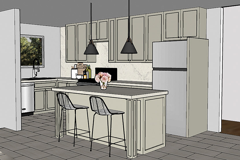 3D Drawing of the new kitchen layout and cabinetry, pictured is grey cabinets with stainless steel appliances and a beautiful island with a pretty pink bouquet 